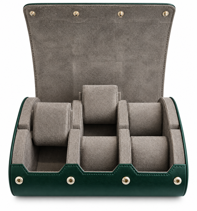 Étui cylindrique de voyage pour six montres en cuir vert