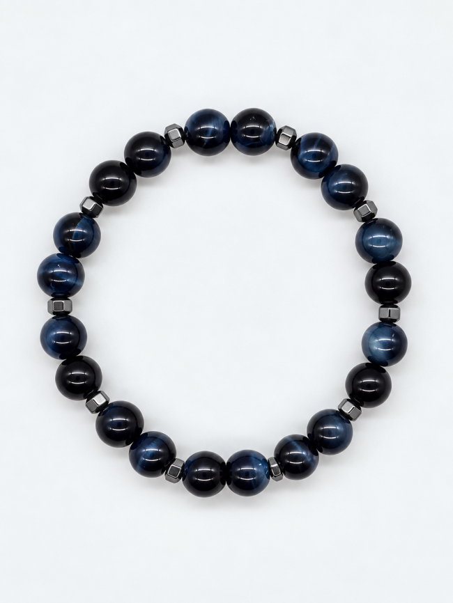 Bracelet unisexe en pierres fines fait main - oeuil de faucon et hématite 