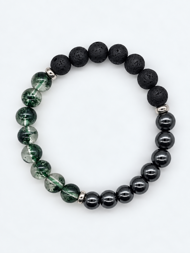 Bracelet unisexe en pierres fines fait main - Quartz chlorite, onyx et hématite 