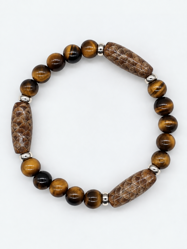 Bracelet unisexe en pierres fines fait main - œuil de tigre et Cône de conifère fossilisé