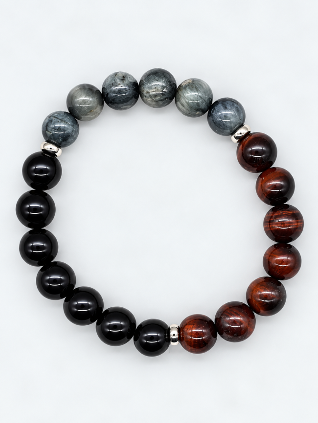 Bracelet unisexe en pierres fines fait main - œil de faucon, onyx et œil de buffle