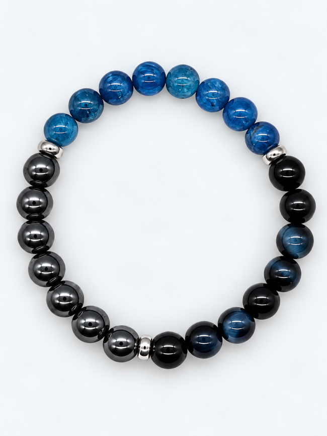Bracelet unisexe en pierres fines fait main - œil de faucon, apatite et hématite
