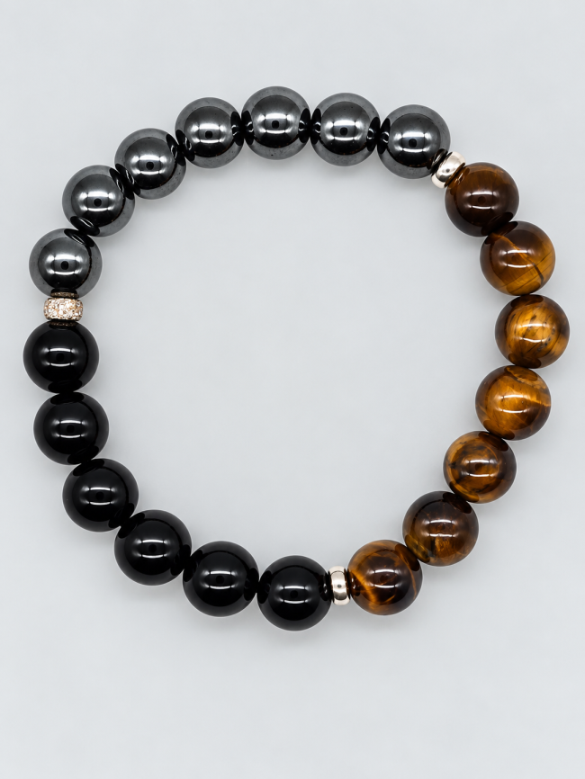 Bracelet unisexe en pierres fines fait main - hématite, onyx et œil de tigre