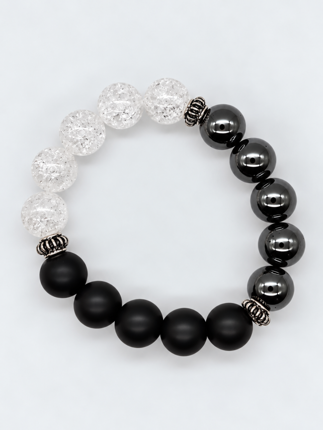 Bracelet homme en pierres fines fait main - hématite, cristal de roche et onyx