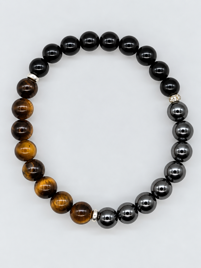 Bracelet pour femme en pierres fines fait main - œil de faucon, onyx et œil de buffle