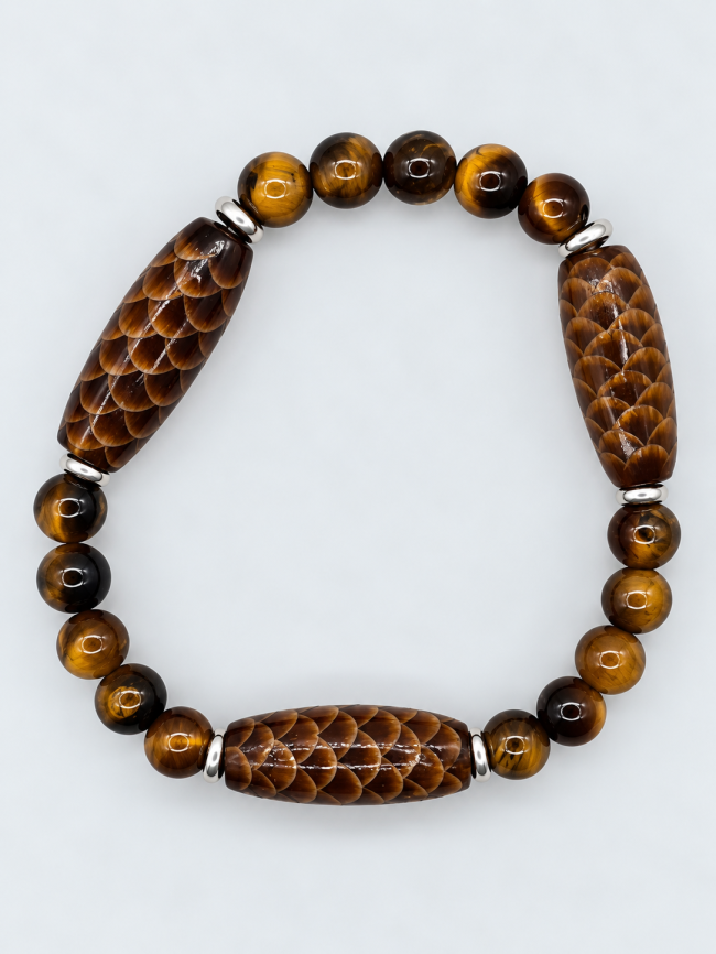 Bracelet pour femme en pierres fines fait main - œuil de tigre et Cône de conifère fossilisé