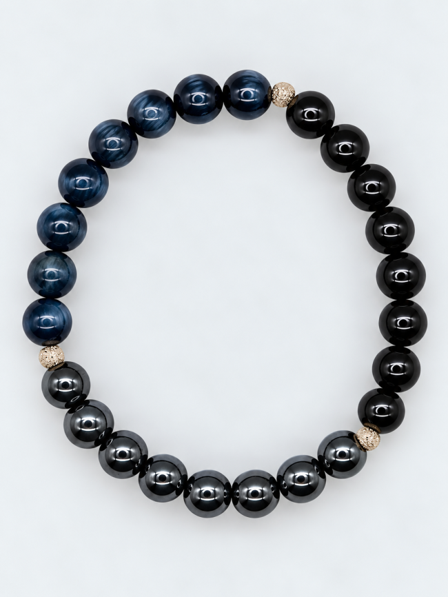 Bracelet pour femme en pierres fines fait main - œil de faucon, onyx et hématite