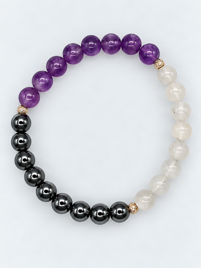 Bracelet pour femme en pierres fines fait main - pierre de lune, améthyste et hématite