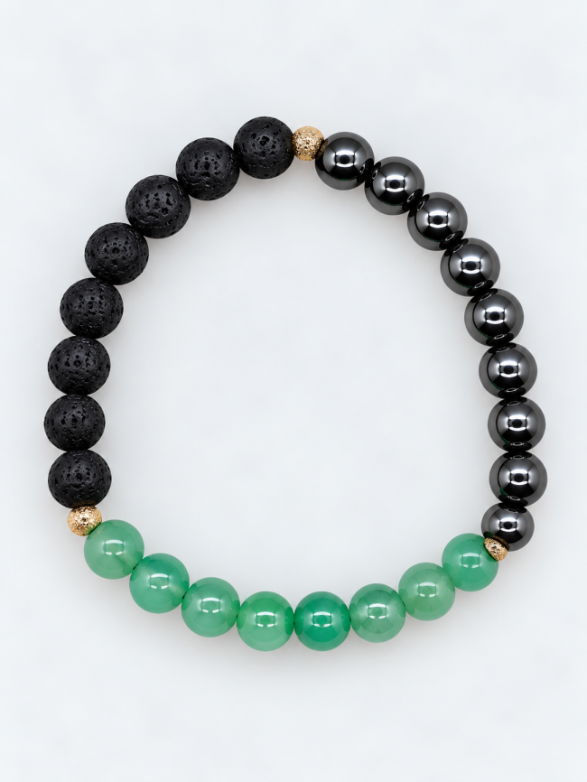 Bracelet pour femme en pierres fines fait main - chrysoprase, pierre de lave et hématite