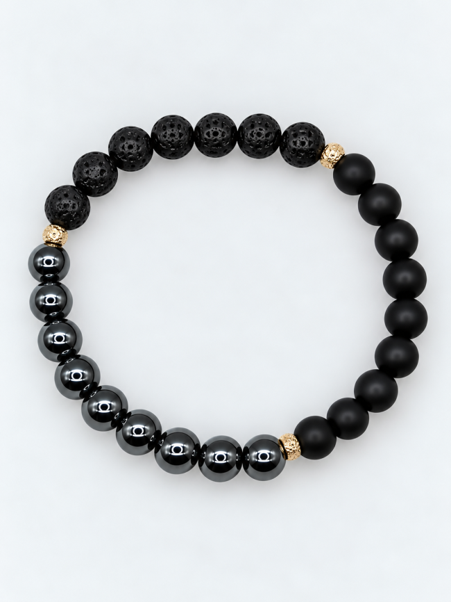 Bracelet pour femme en pierres fines fait main - onyx, pierre de lave et hématite